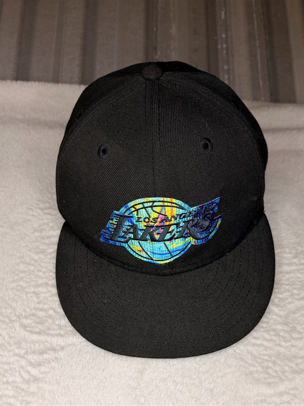 NBA Black 59FIFTY Cap with Iridescent Blue-Yellow Brim